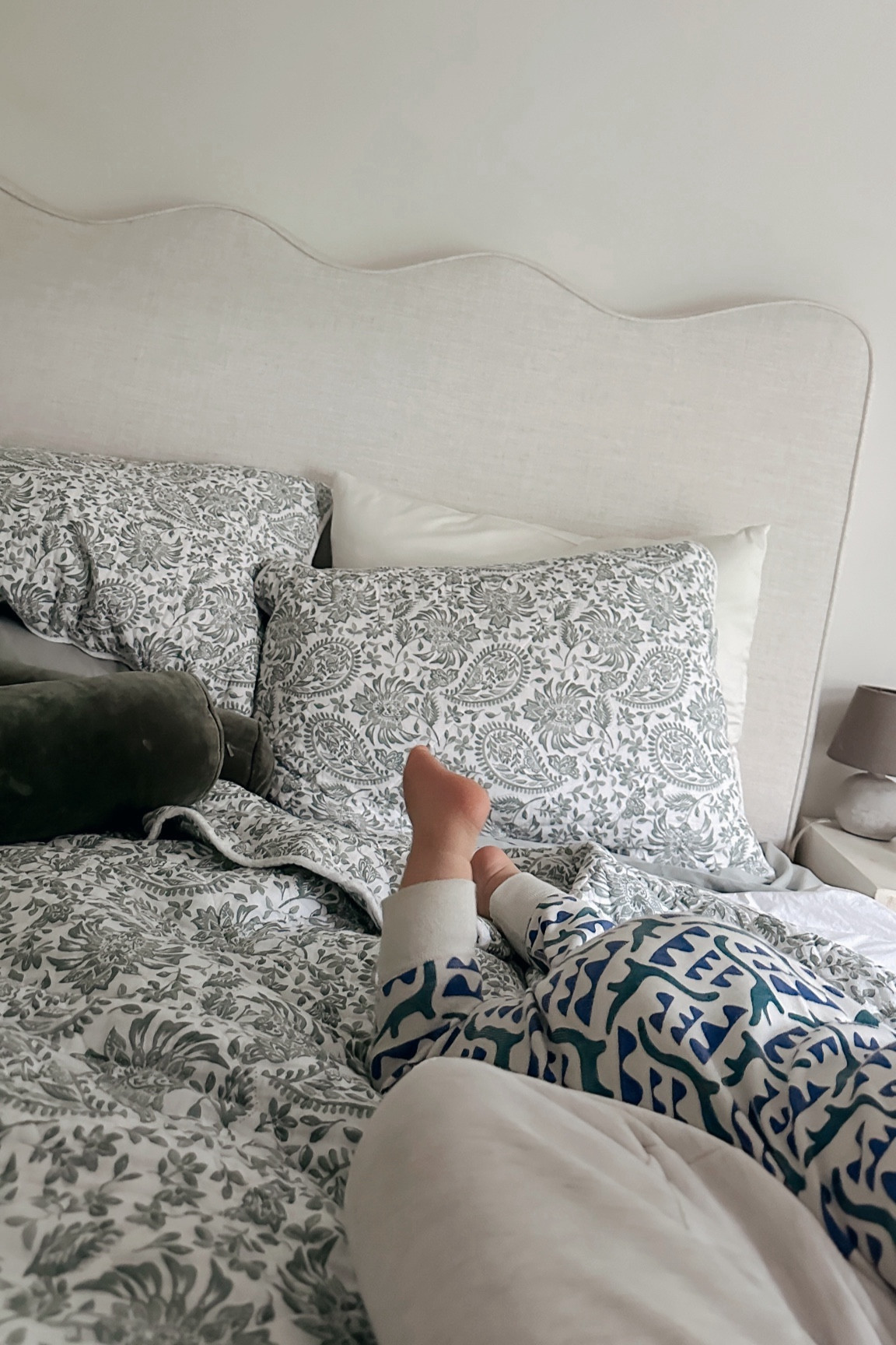 Bedroom/bedding details 〰️ exact duvet is Rachel Zoe via Home Goods but also found similar + our green bolster pillows, scalloped headboard and mini lamp 

#LTKfamily #LTKfindsunder100 #LTKhome