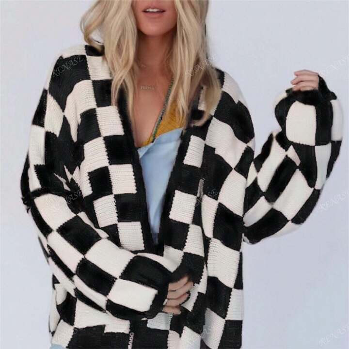 Casual Black & White Plaid Oversized Drop Shoulder Cardigan, Autumn/Winter,Long Sleeve Tops | SHEIN