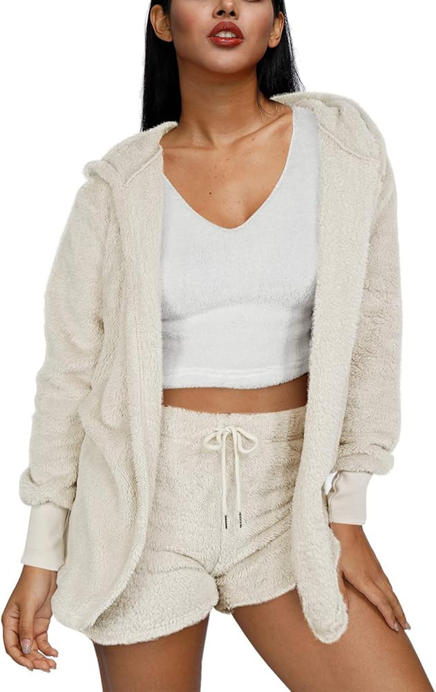 Pink Wind Women Fuzzy Fleece 3 Piece Sets Outfits Soft Sherpa Jacket Coat And Crop Top Shorts Set | Amazon (US)