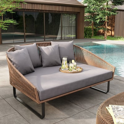 Tatta 4 Pieces Textilene Rope Woven Outdoor Sectional Sofa Set with Round Coffee Table | Homary