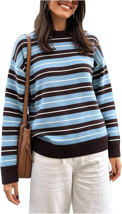 MakeMeChic Women's Striped Sweater Long Sleeve Crewneck Oversized Knit Top | Amazon (US)