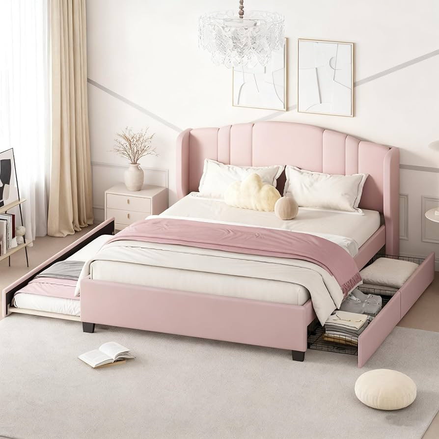 Merax Queen Size Platform Bed Frame with Twin Trundle, Storage 2 Drawers and Upholstered Headboar... | Amazon (US)