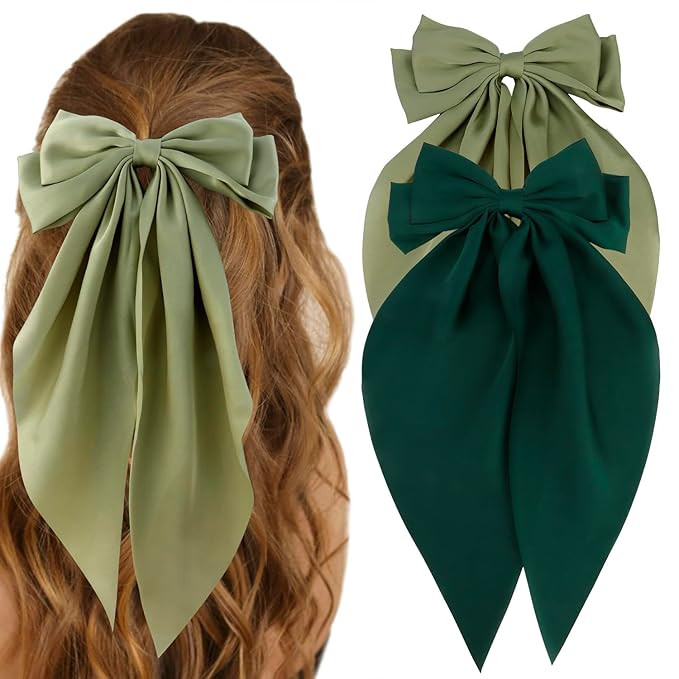 Silky Satin Green Oversized Bowknot Bow Hair Accessories: 2 Pcs Large Hair Barrettes With Long Ta... | Amazon (US)