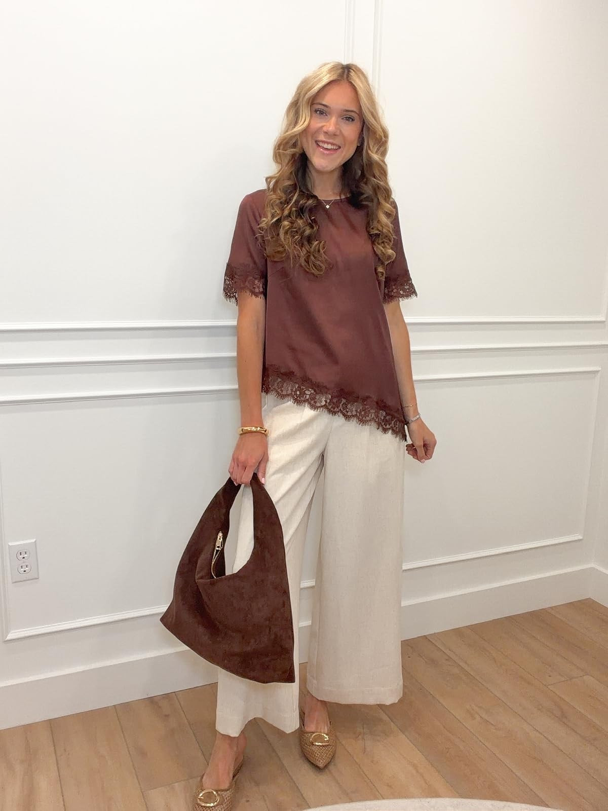 this brown lace-trim top from Amazon feels so much more elevated than a typical tee — the lace hem at the sleeves and bottom gives it such a pretty detail. paired with cream wide-leg trousers here

true to size, 5'9" for reference

#LTKootd #LTKSeasonal #LTKOver40