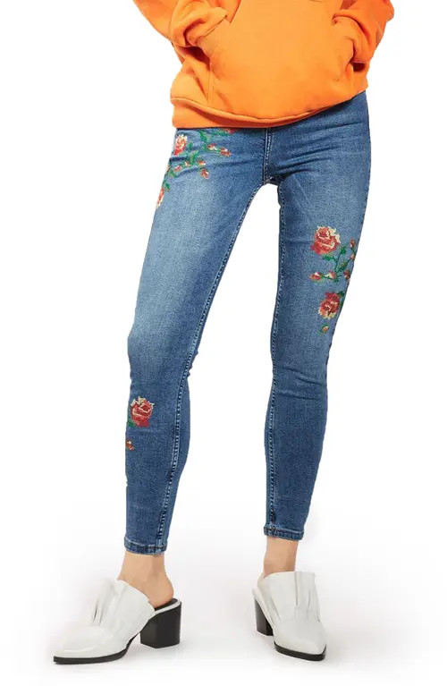Topshop Jamie Embroidered Skinny Jeans in Mid Denim at Nordstrom, Size 30 X 30 | Nordstrom