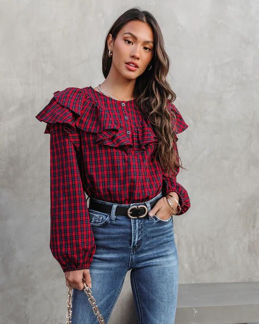 Clara Plaid Ruffle Long Sleeve Top - Red -  FLASH SALE | VICI Collection