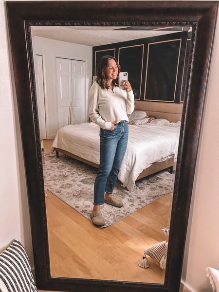 Casual outfit transitioning from Summer to Fall: mom jeans under $25 😱 and Zara quarter zip, potato shoes, Birkenstock, black belt for cheap!
* 5’8” 150lbs - wearing size M top, size 8 jeans, size 9 shoes.

#LTKshoecrush #LTKstyletip #LTKunder50