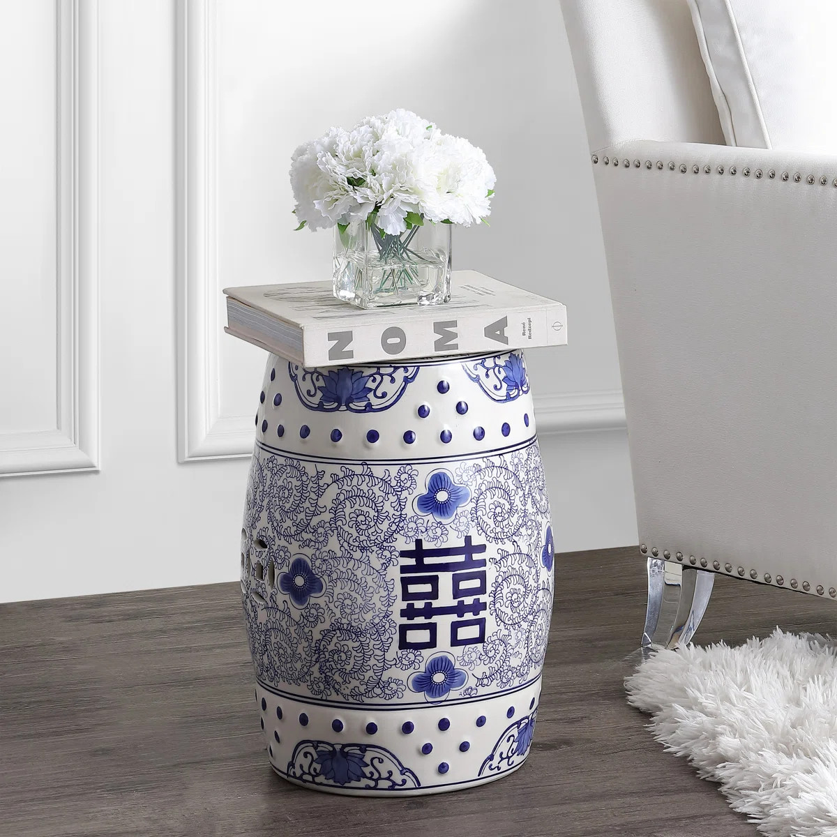 Double Happiness 18" Traditional Blue and White Ceramic Garden Stool, Indoor/Outdoor Chinoiserie ... | Wayfair North America