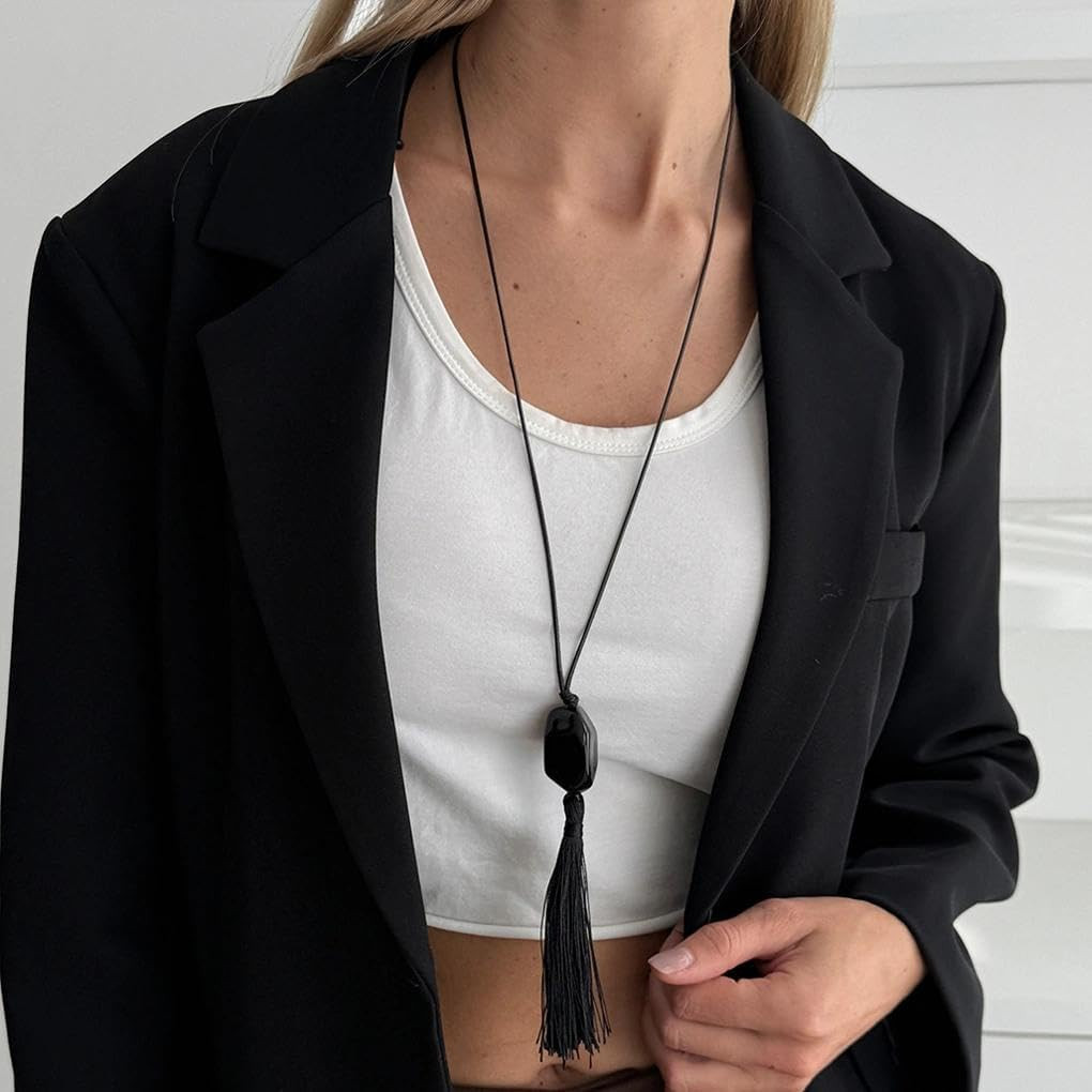 Black Long Tassel Pendant Necklace for Women,Boho Leather Cord Adjustable Wax Rope Big Drop Y Necklace,Minimalist Fashion Statement Jewelry | Amazon (US)