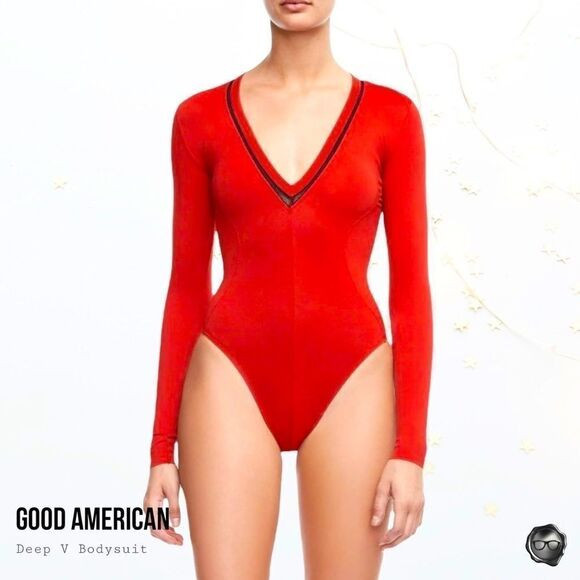 GOOD AMERICAN LOW DOWN DEEP V NECK BODYSUIT RED LONG SLEEVE + NIPPLE COVERS | Poshmark