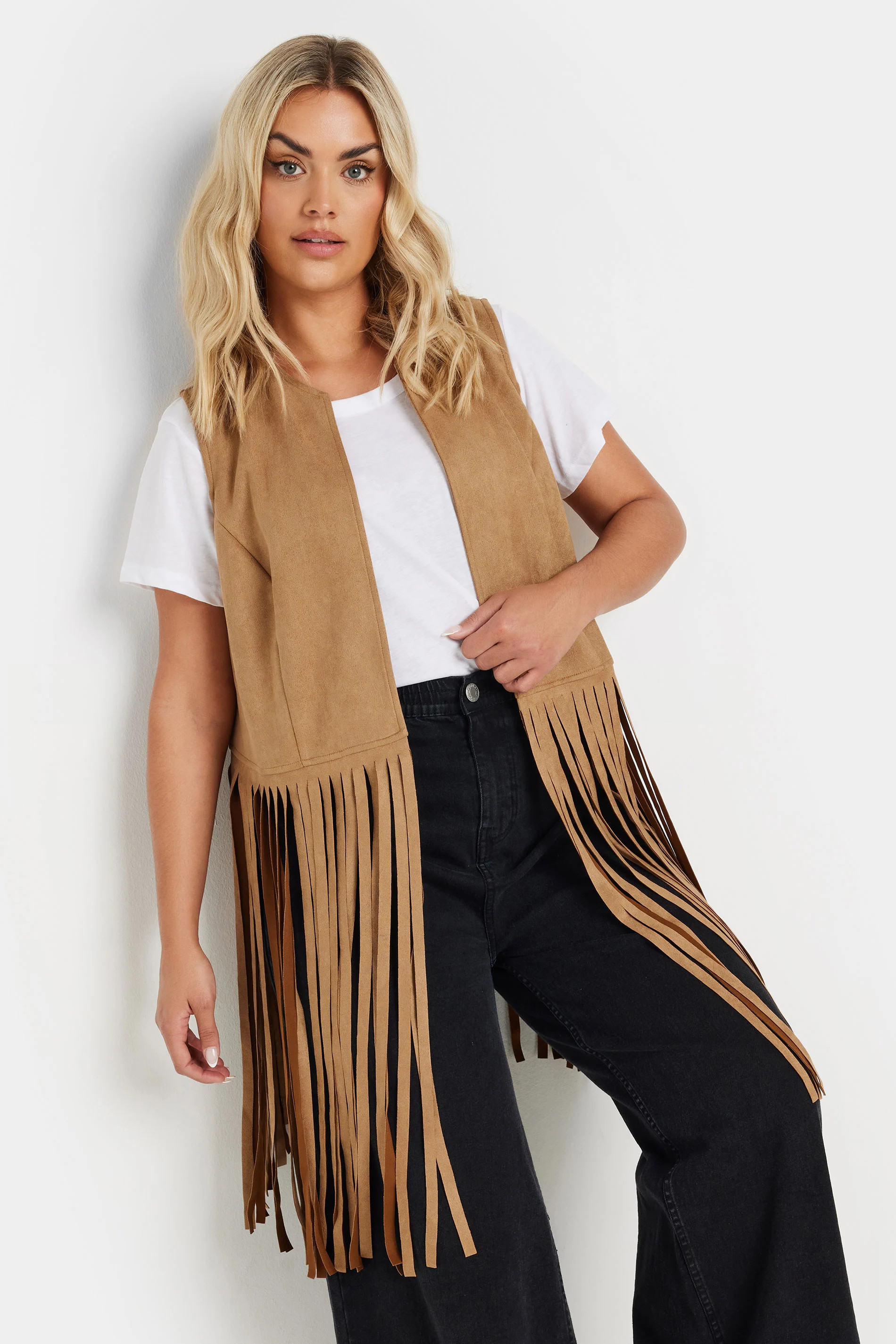 YOURS Plus Size Brown Faux Suede Fringe Waistcoat | Yours Clothing UK