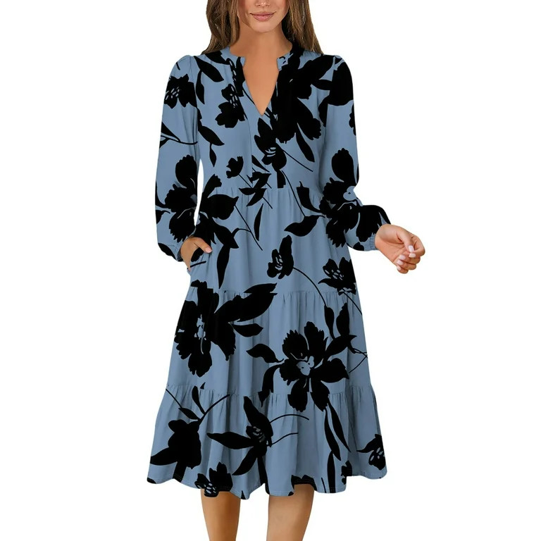 HAJWOH Fall Dresses for Women Fashion Long Sleeve Vacation Dresses Soft Vneck Modest Dresses Sky ... | Walmart (US)