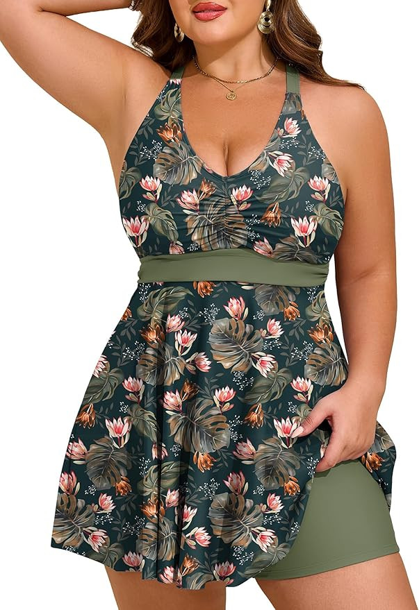 HUSKARY Plus Size Tankini Swimsuits for Women Tummy Control V Neck Hide Belly Bathing Suits Two P... | Amazon (US)