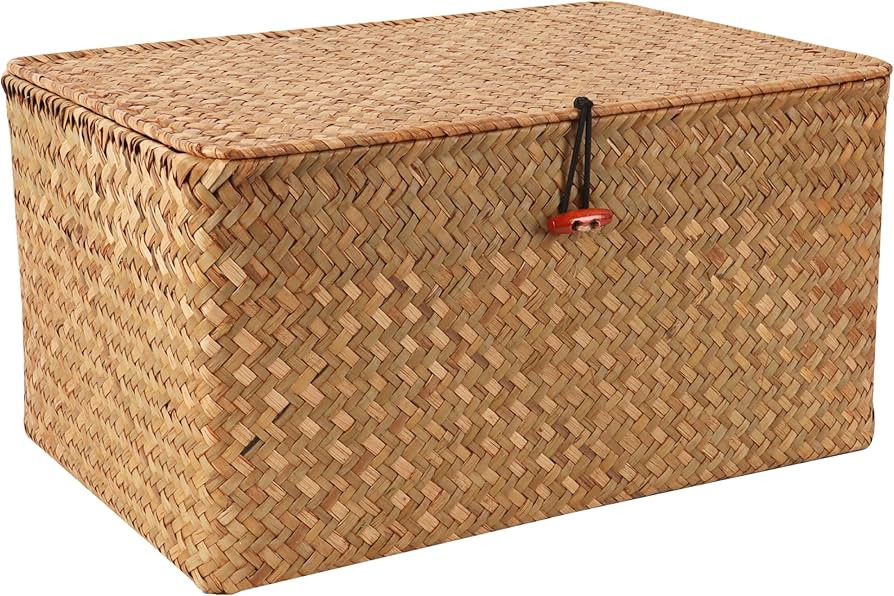 Wicker Shelf Baskets with Lid,Natural Seagrass Storage Basket Boxes Handwoven Rectangular Baskets... | Amazon (US)