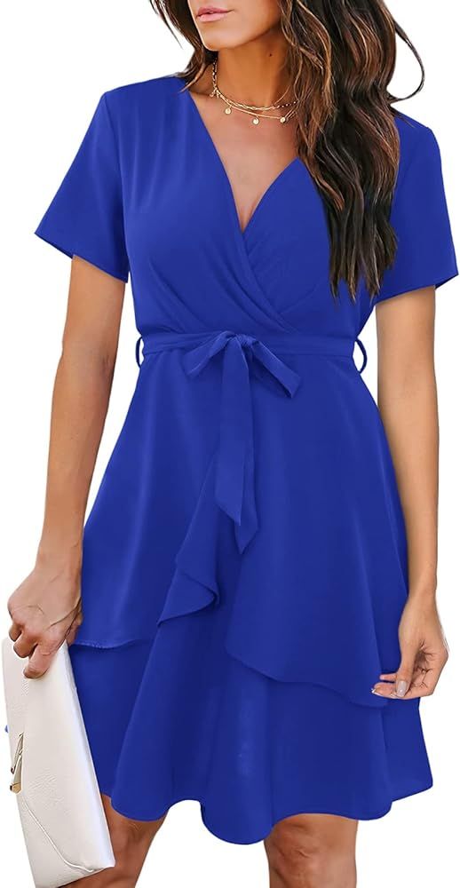 OFEEFAN Women's Dresses Deep V Neck Summer Casual Dresses Short Sleeve Tie Waist Dress | Amazon (US)