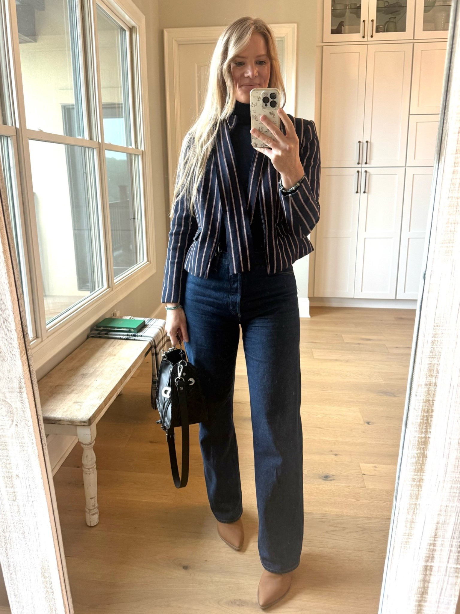 Jeans and cropped blazer outfit

Size reference 5’ 9” 
140 lbs

Cropped blazer outfit- old Banana Republic

Navy turtleneck - small

Dark wash jeans - 28

Bag - Double D Ranch



Church outfits. Dressy jeans outfits. Classic style. Wide leg jeans outfits.

#LTKOver40 #LTKTall #LTKWorkwear