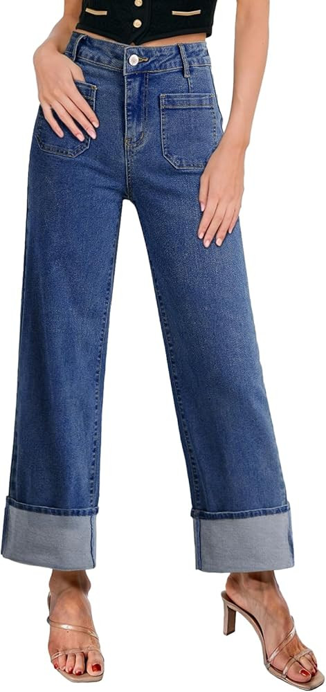 EVALESS Womens Jeans High Waisted Stretchy Cuffed Wide Leg Denim Pants with Pockets | Amazon (US)