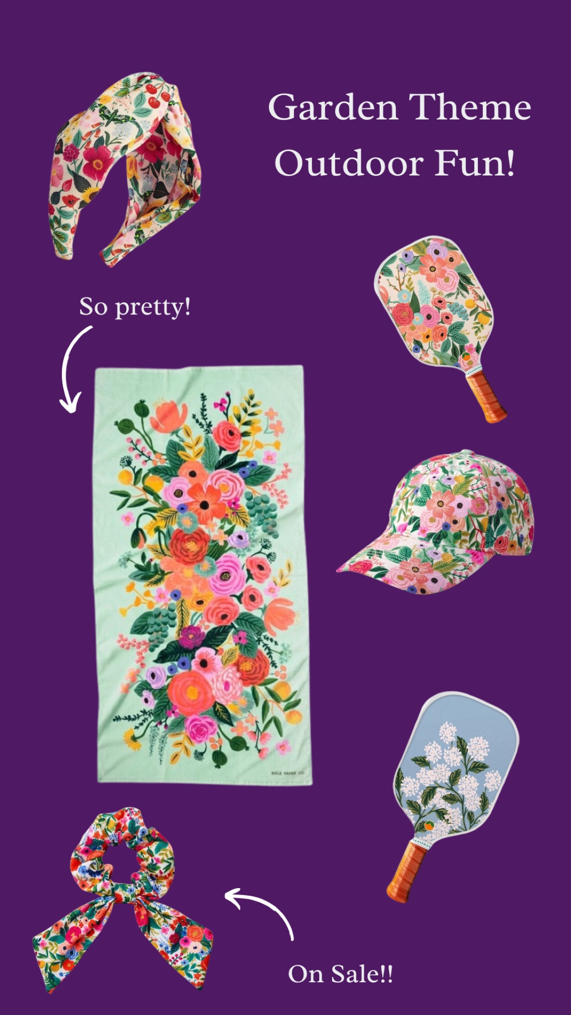 Garden themed outdoor fun from Rifle Paper Co! The prettiest beach towel and pickleball paddles over ever seen! 

Outdoor fun, summertime, flower style, garden design, beach towels, coastal life, hats, headbands, stylish 

#LTKSeasonal #LTKGiftGuide #LTKFitness