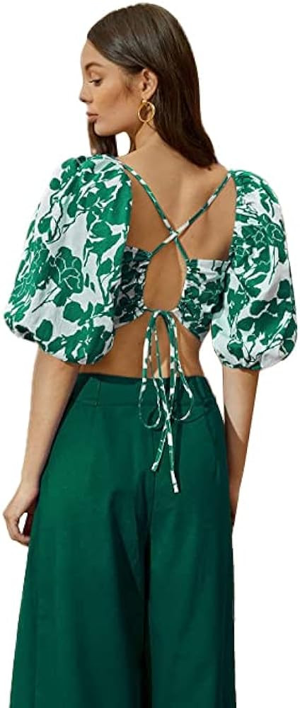 Floerns Women's Sweetheart Neck 3/4 Puff Sleeve Criss Cross Tie Back Blouse Crop Top | Amazon (US)