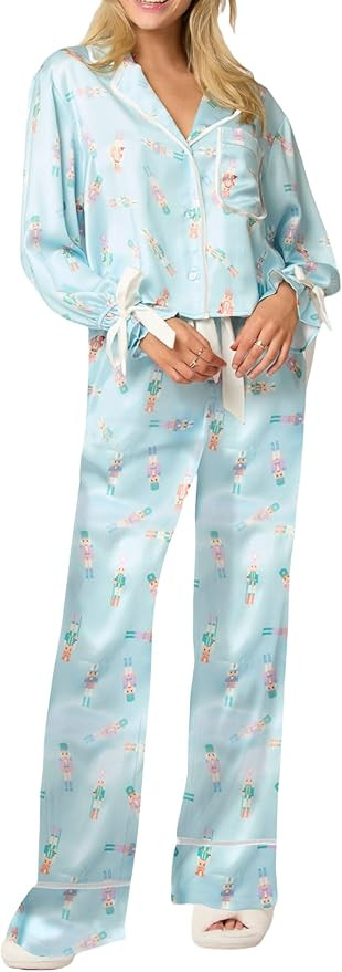 Faretumiya Cute Christmas Pajamas Women Bow Tie Long Sleeve Shirt Pants Pj Set Xmas Graphic Print... | Amazon (US)