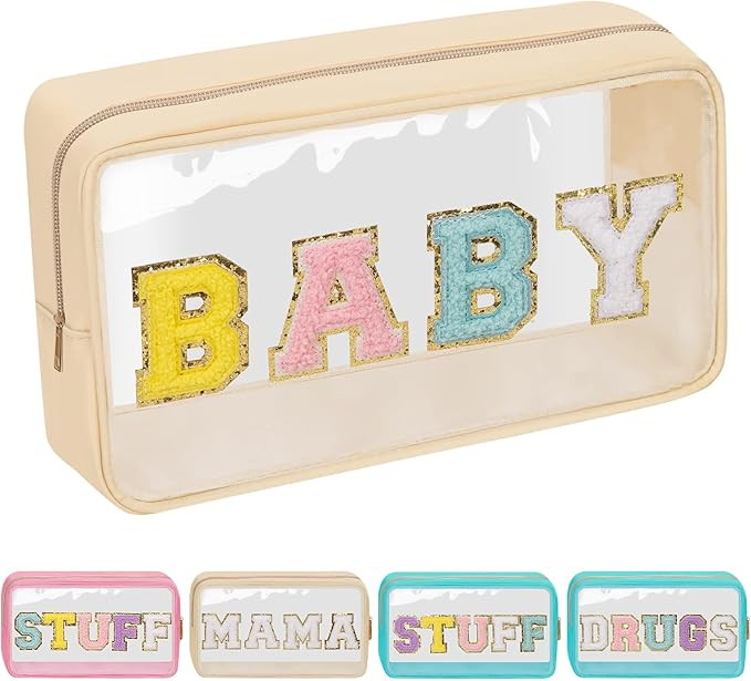 Iqimott Preppy Patch Clear Baby Bag, Women Chenille Letter Makeup Cosmetic Bag for Travel, Nylon ... | Amazon (US)