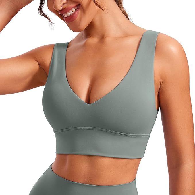 CRZ YOGA Butterluxe Womens V-Neck Longline Sports Bra - U Back Wireless Yoga Bra Low Impact Padde... | Amazon (US)