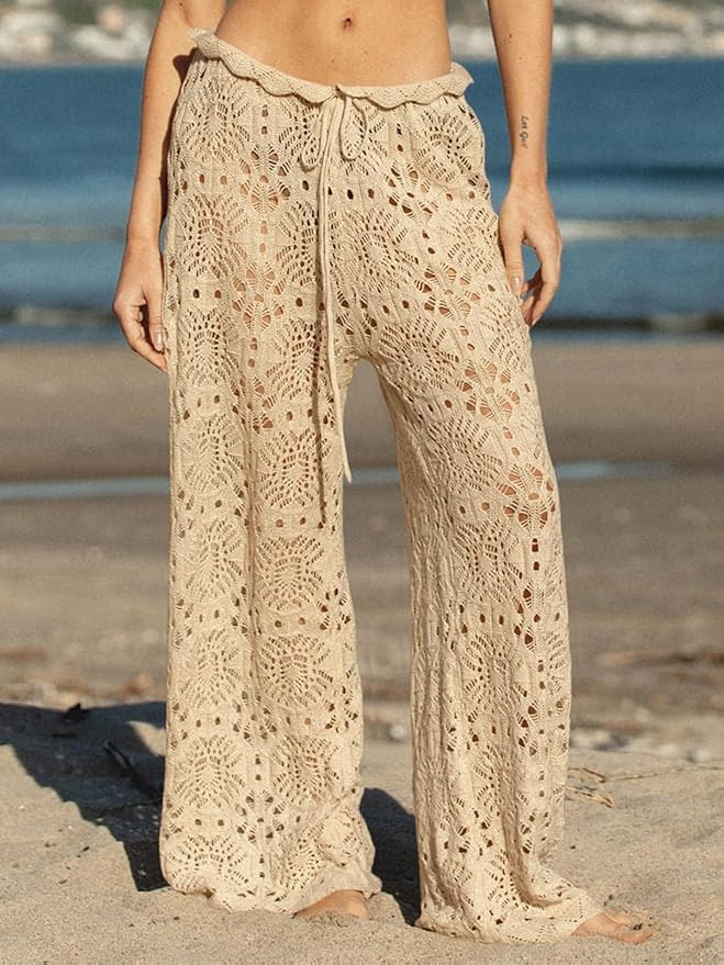 Saodimallsu Womens Crochet Swimsuit Coverup Pants High Waisted Drawstring Sexy Sheer Mesh Knit Wi... | Amazon (US)