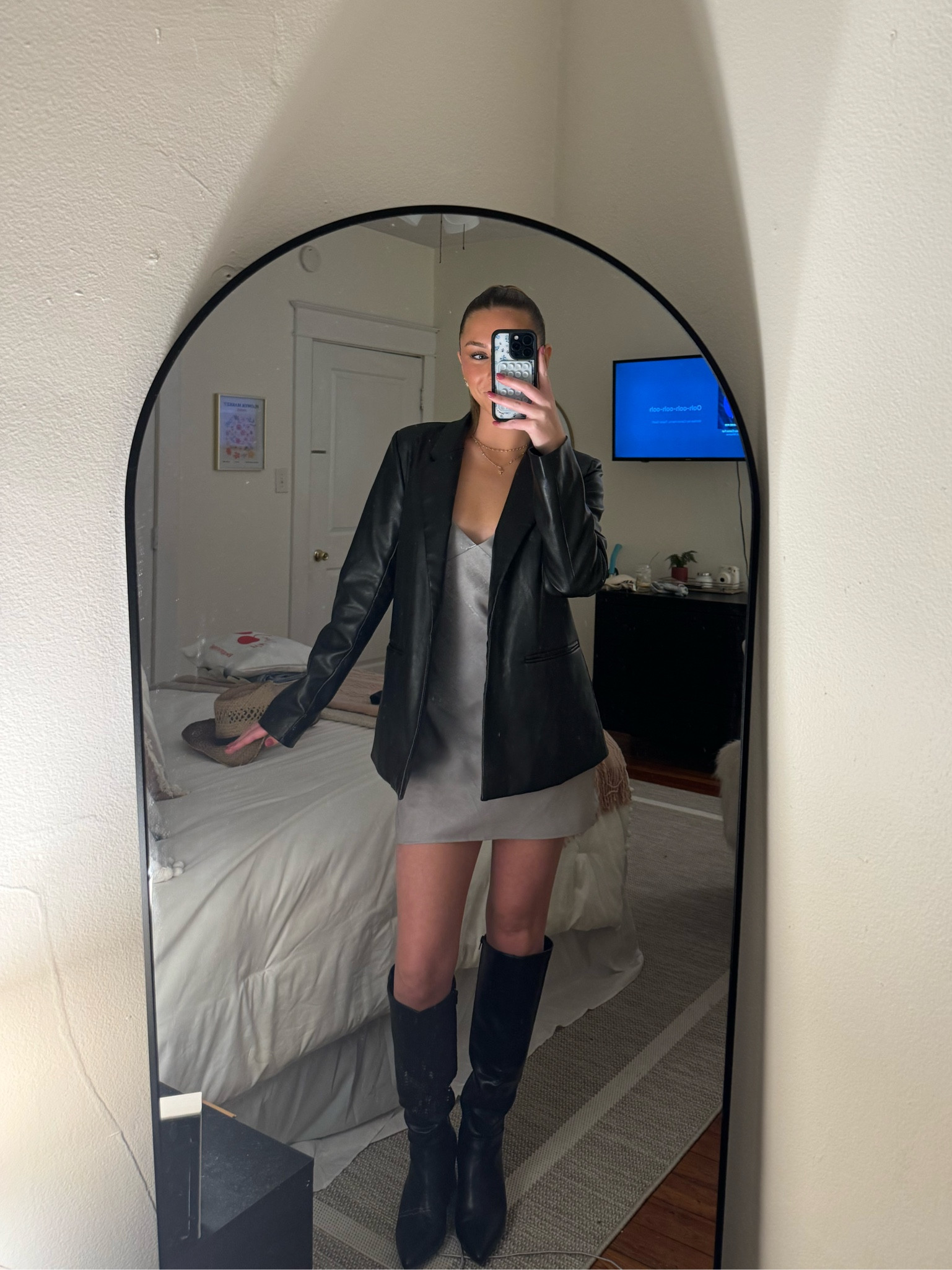 Leather blazer with dress and tall black boots🖤🤍

#LTKfindsunder100 #LTKparties #LTKstyletip