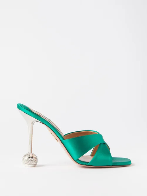 Aquazzura - Yes Darling 95 Crystal-embellished Satin Sandals - Womens - Dark Green Multi | Matches (US)