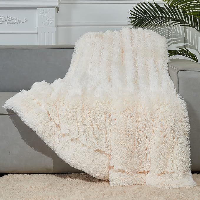GONAAP Fuzzy Faux Fur Throw Blanket Ivory Super Soft Cozy Plush Fuzzy Shaggy Blanket for Couch So... | Amazon (US)