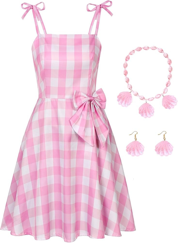 QUJQOM Adult 2023 Movie Heroine Costume Women Halloween Costume Pink Plaid Dress Heroine Cosplay ... | Amazon (US)