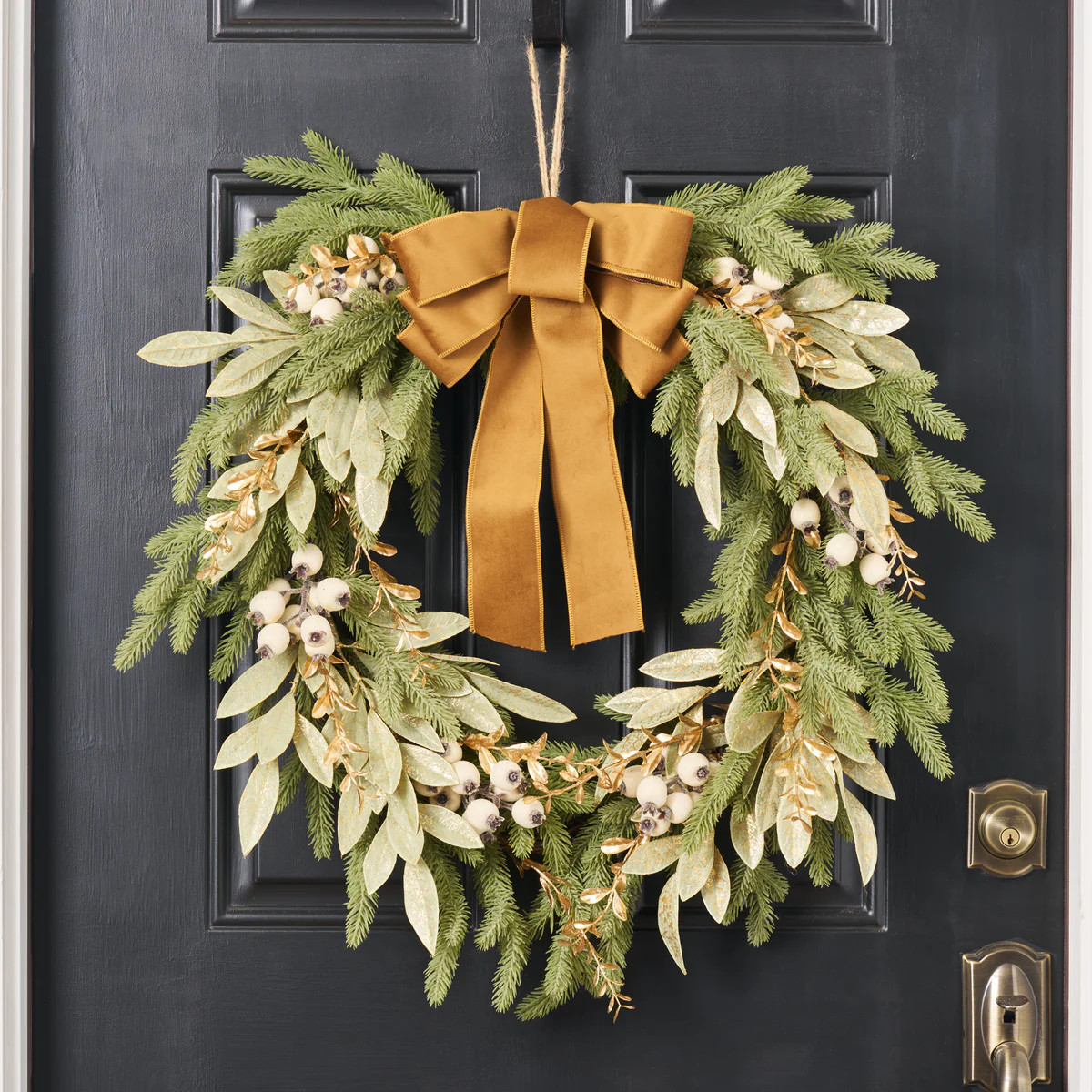 Downswept Fir Wreath with Gilded Eucalyptus, Iced Cream Berry & Gold Boxwood with Velvet Drape Bo... | Darby Creek Trading