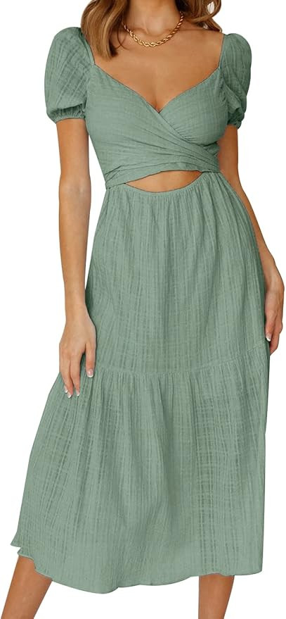 MIHOLL Womens V Neck Tie Back Midi Dress Hollow A-Line Flowy Sexy Short Sleeve Dress | Amazon (US)