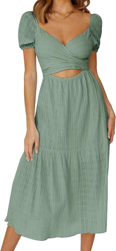 MIHOLL Womens Dresses Summer Casual Sexy V Neck Wrap Midi Dress | Amazon (US)