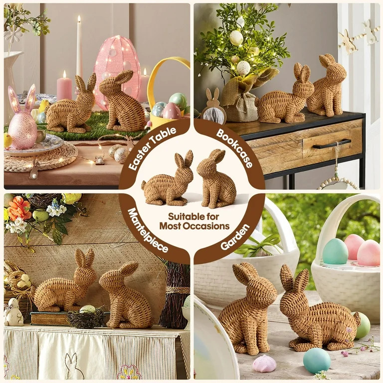 Ayieyill 2 Pcs Easter Rabbit Decor, Easter Rattan Bunny Resin Ornaments for Home Courtyard Tablet... | Walmart (US)