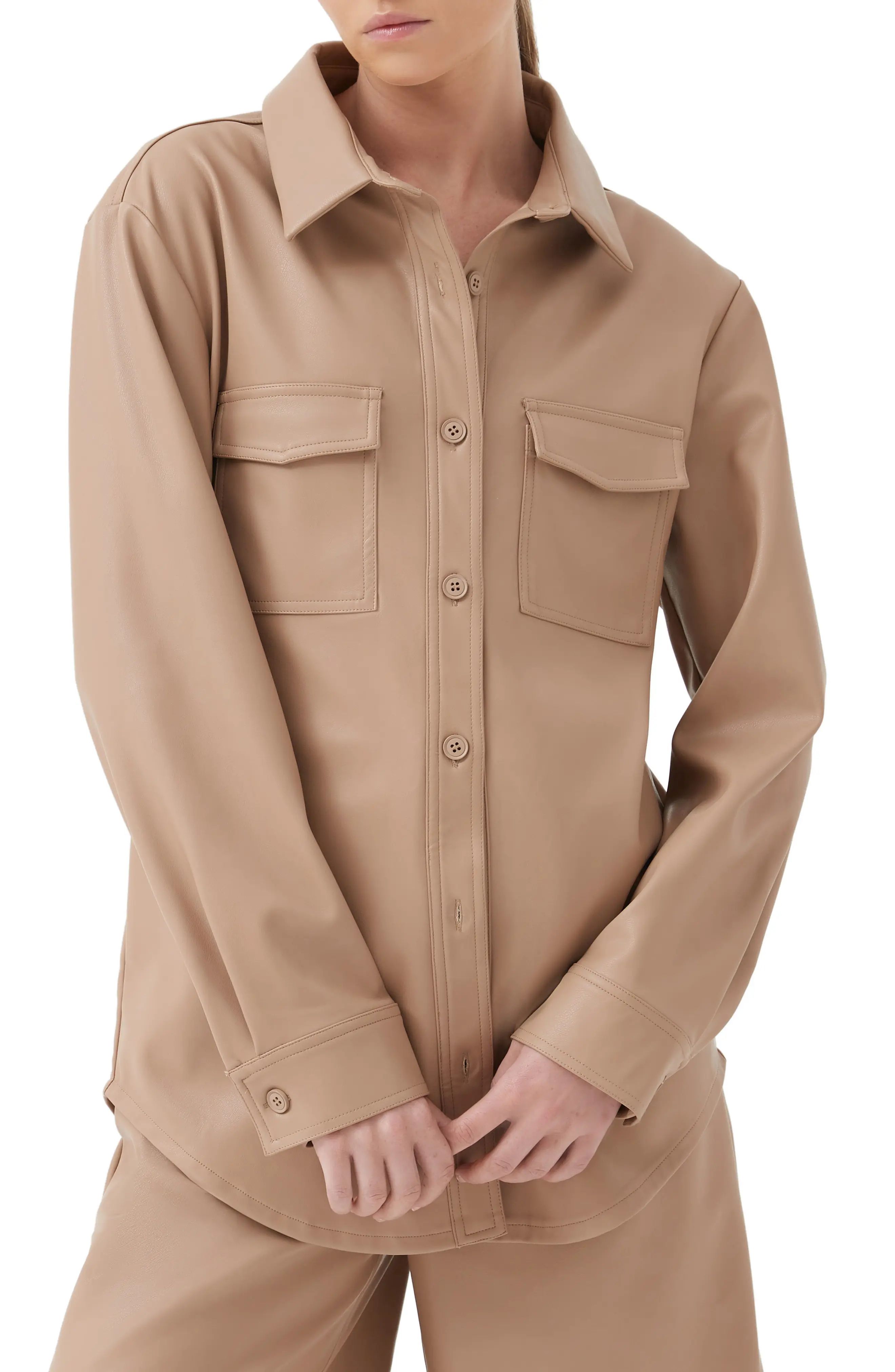 4th & Reckless Lissa Faux Leather Button-Up Shirt, Size X-Small in Beige Vegan Leather at Nordstrom | Nordstrom