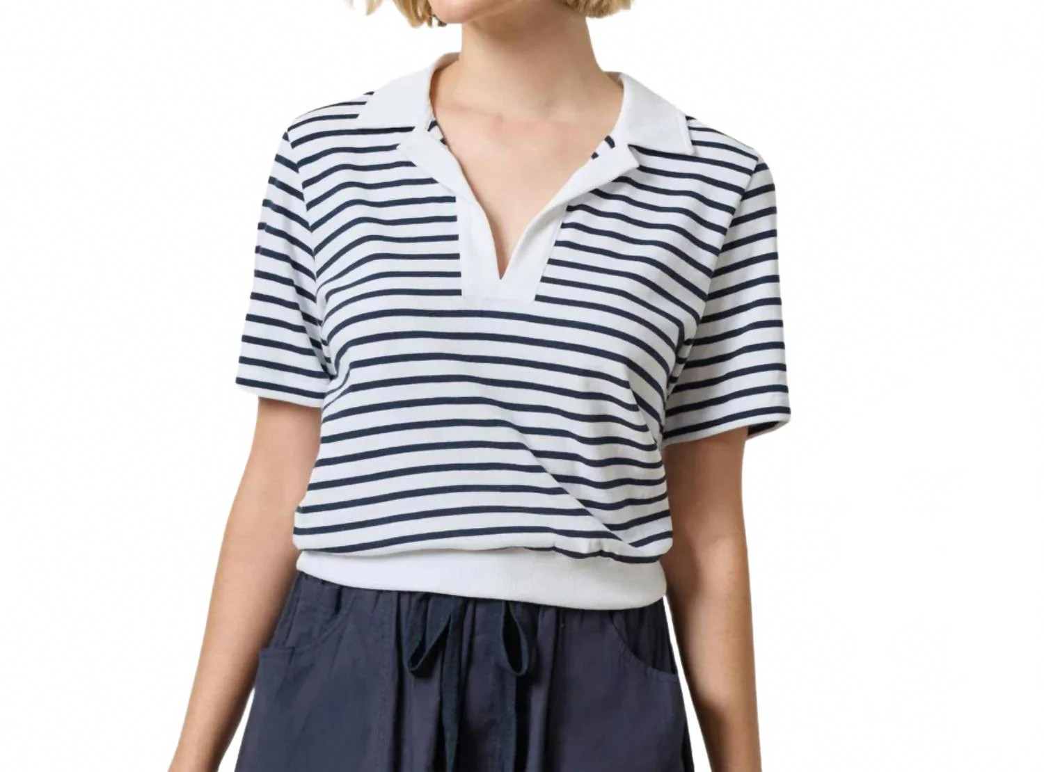 Women's Polo Top In Navy Stripe | Shop Simon