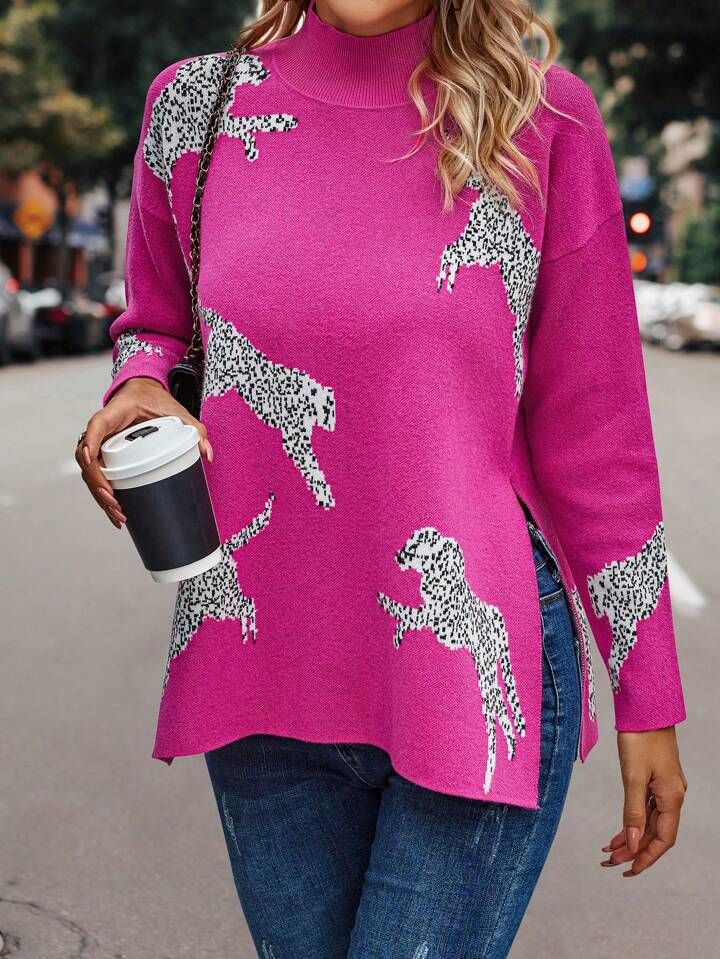 SHEIN LUNE Leopard Pattern Drop Shoulder Split Hem Sweater | SHEIN