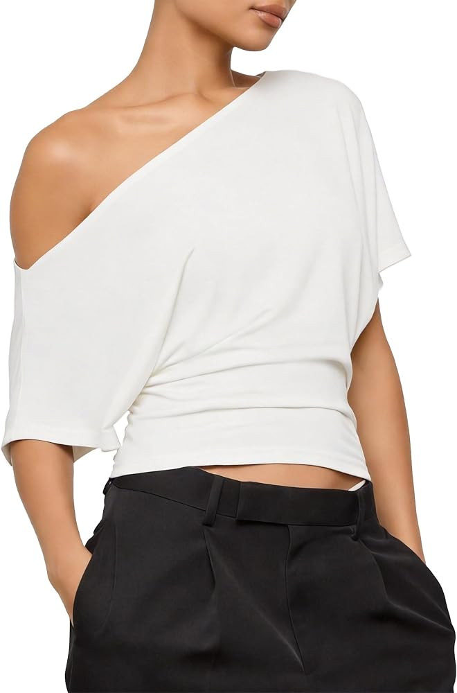 Off the Shoulder Tops for Women Short Sleeve Asymmetrical Going Out Tops Summer Night Out Clothes | Amazon (US)