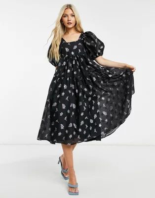Dream Sister Jane midi smock dress with puff sleeves in floral organza | ASOS (Global)