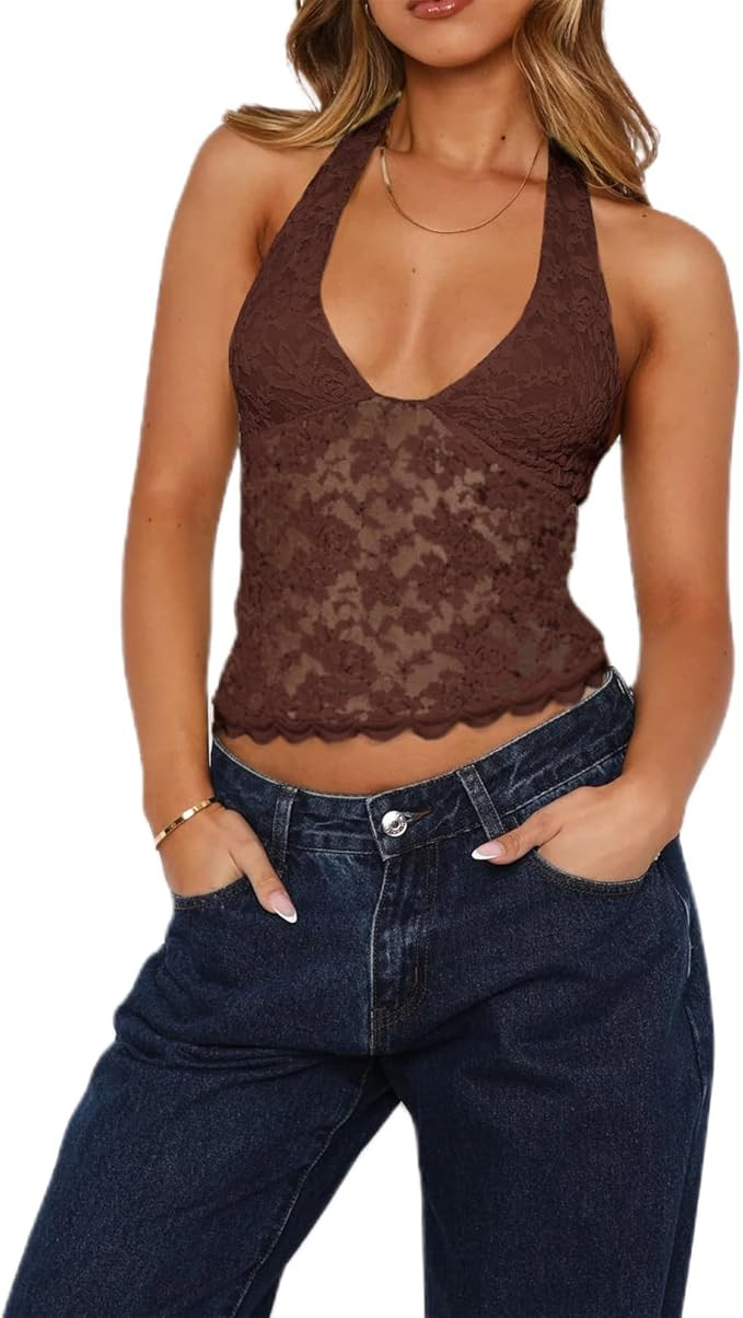 Women Sexy Low Plunge Lace Halter Top Sleeveless Backless Sheer Lace Vest Tops Streetwear | Amazon (US)