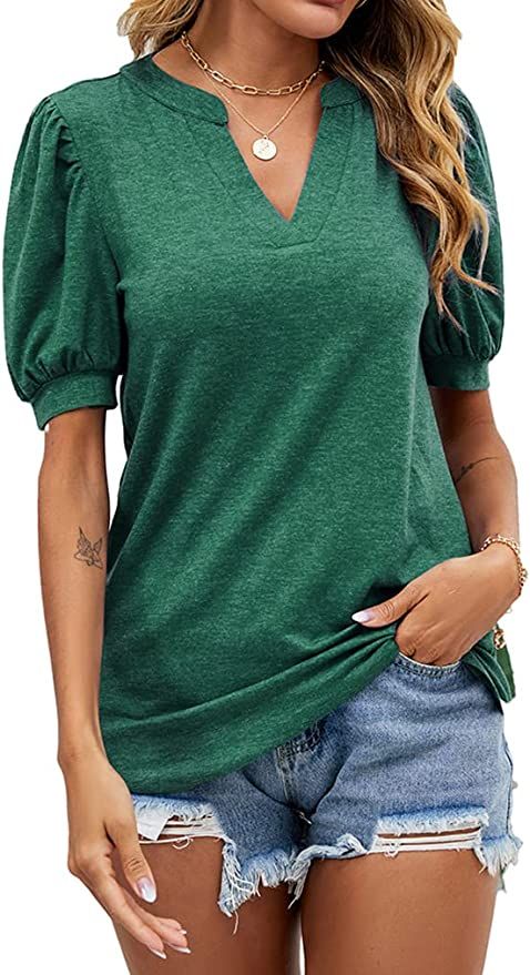 Women Casual V Neck T-Shirts Summer Puff Short Sleeve Tops Loose Fit Tunic Basic Tees | Amazon (US)