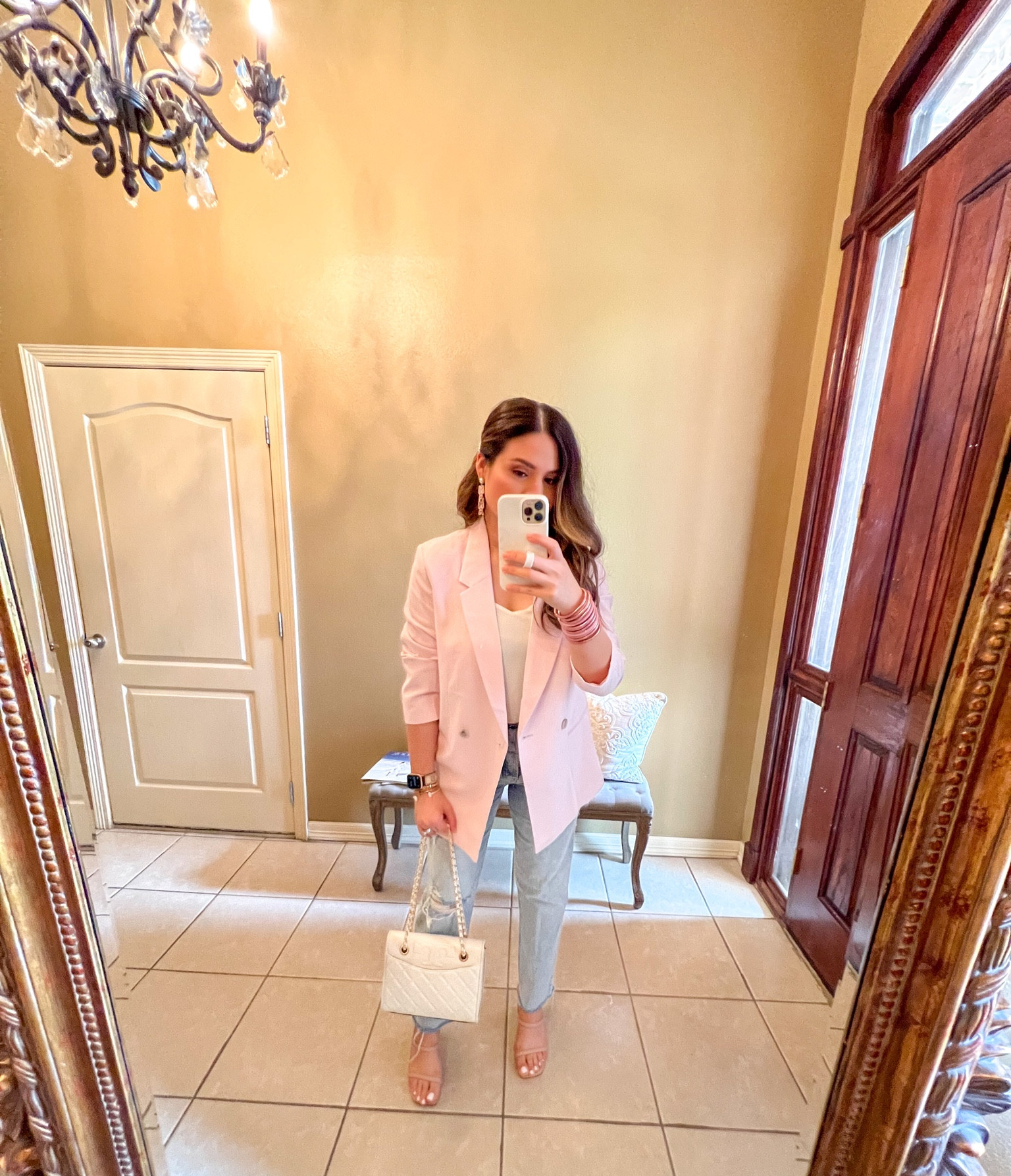 Pink blazer outfit
Mom outfit
Brunch outfit ideas
Chic
Budhagirl bangles 
Rose gold
Mama earrings 

#LTKstyletip #LTKunder50 #LTKSeasonal