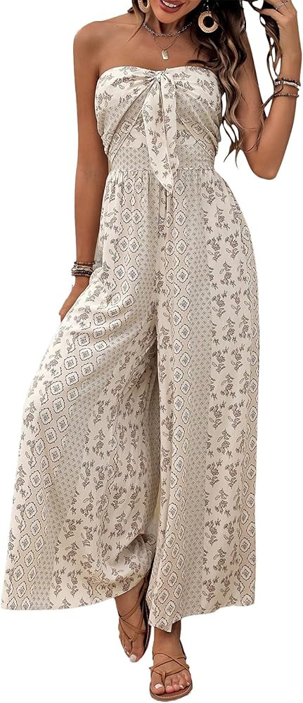 Summer High Waist Wide Leg One Piece Jumpsuits Women's Off Shoulder Dressy Romper Casual Smocked ... | Amazon (US)