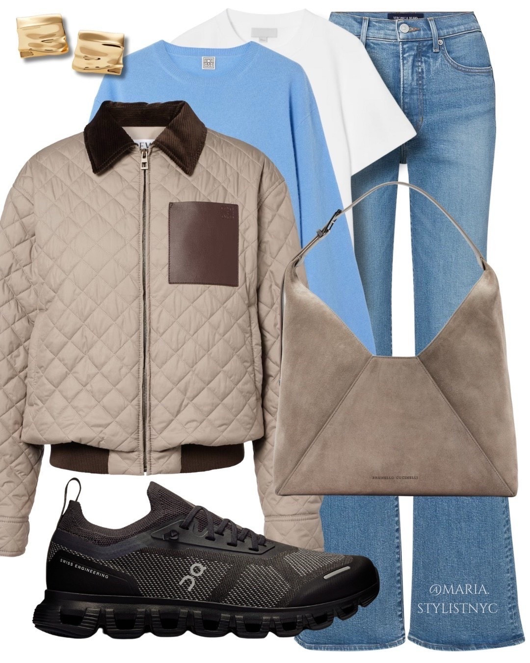 Casual Chic: Quilted bomber jacket with a corduroy collar, light blue and white layers, wide-leg jeans, and brown On Running sneakers 👟 

#LTKSeasonal #LTKSaleAlert #LTKootd