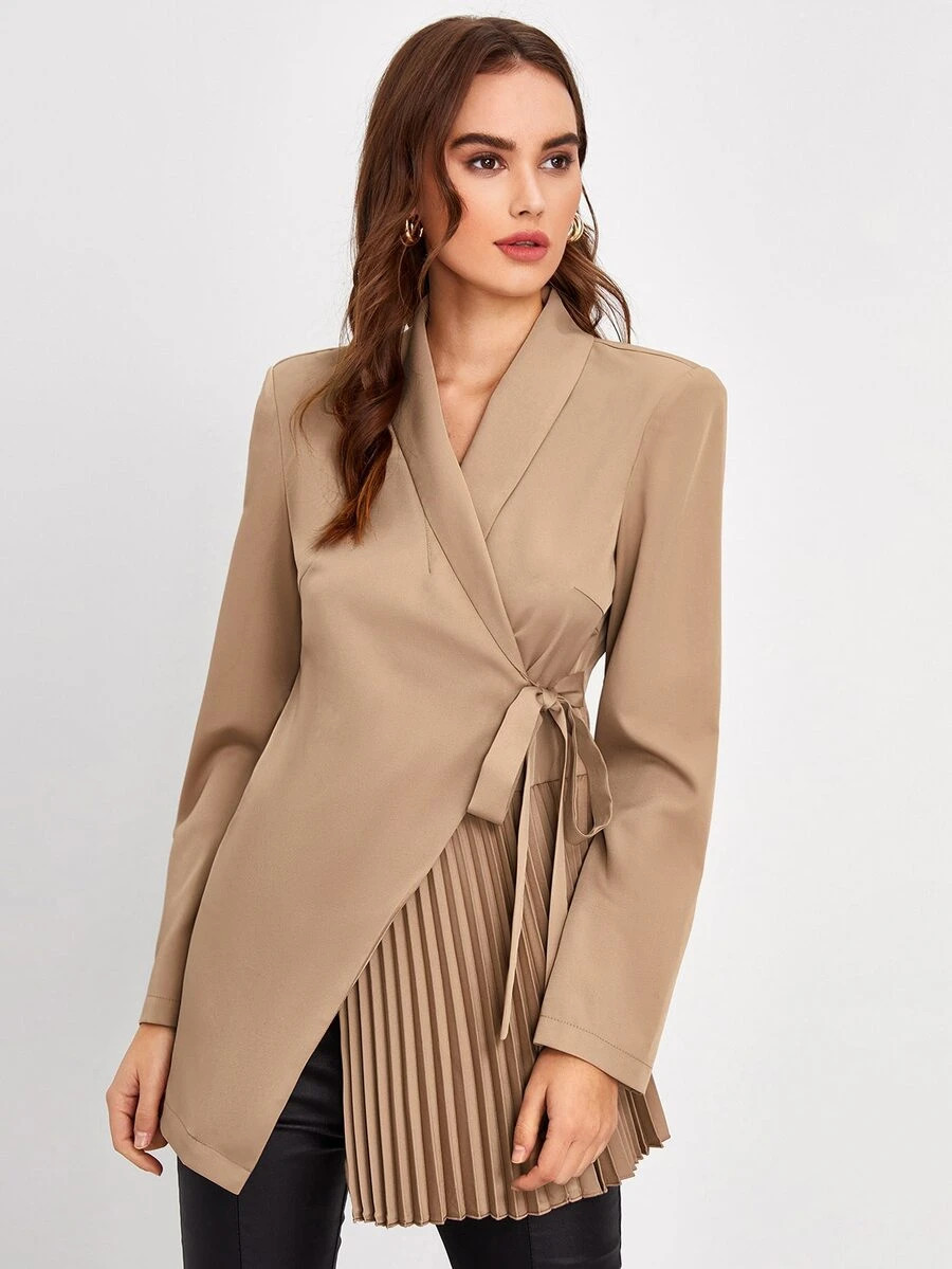 SHEIN Padded Shoulder Pleated Knot Detail Blazer
   SKU: swblazer07201209448      
          (374... | SHEIN