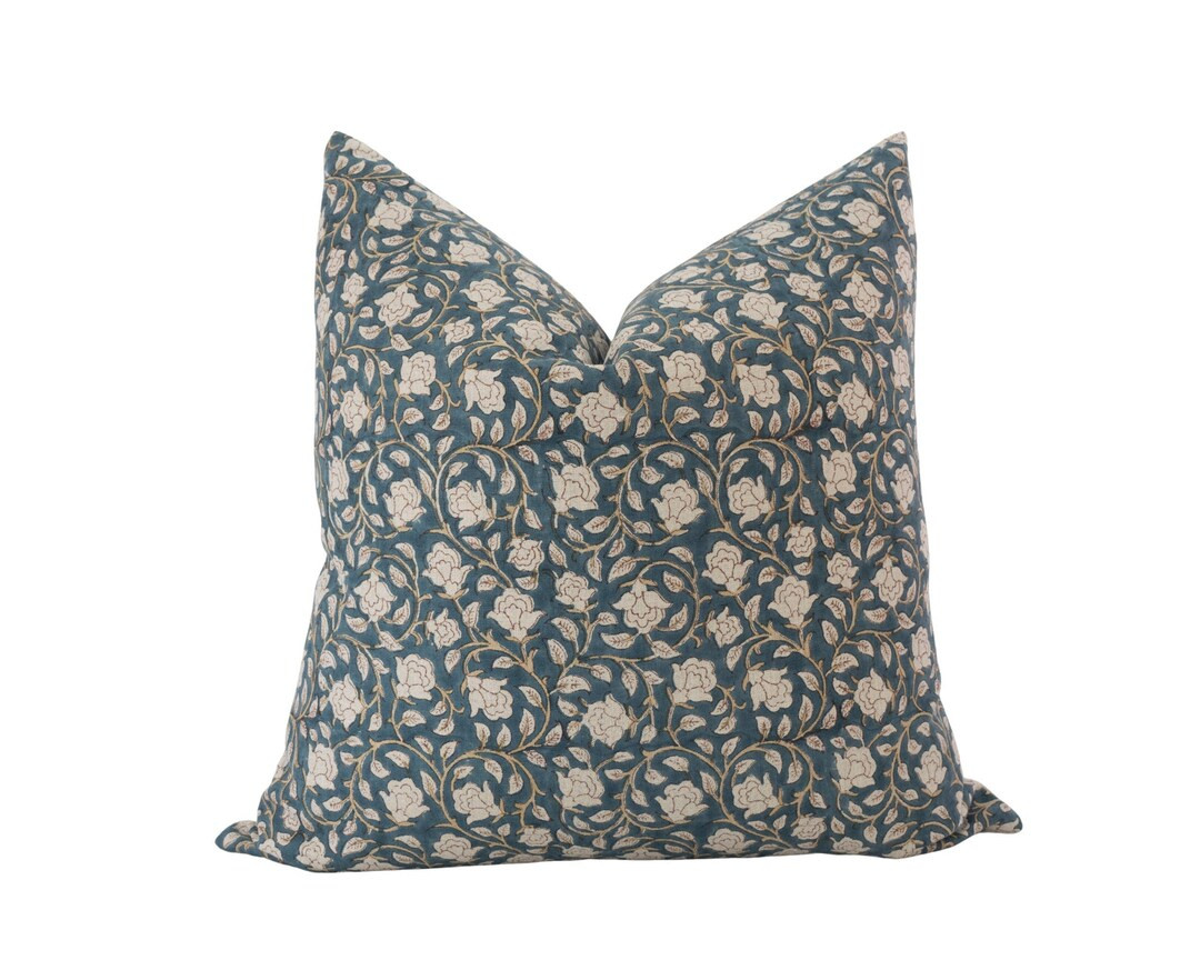 IVY || Blue Block Print Pillow Cover Blue Floral Pillow Cover Blue Floral Linen Pillow Cover Blue... | Etsy (US)
