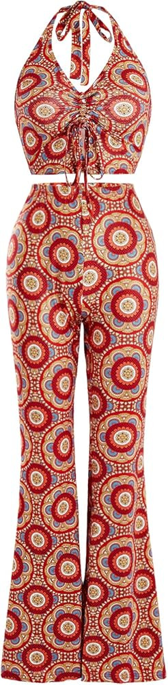 Verdusa Women's 2 Piece Outfits Drawstring Crop Halter Top and Wide Leg Pant Sets | Amazon (US)