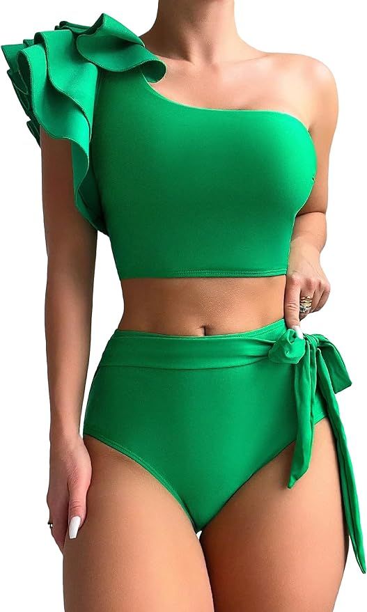 Floerns Women's 2 Piece Bathing Suit Ruffle Trim One Shoulder Tankini Swimsuit | Amazon (US)