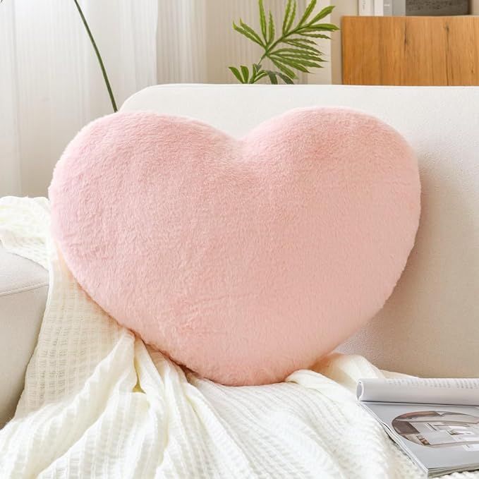 XVTRU Heart Pillow, Soft Pink Heart Shaped Pillow, Cute Faux Rabbit Fur Room Decorative Throw Pil... | Amazon (US)